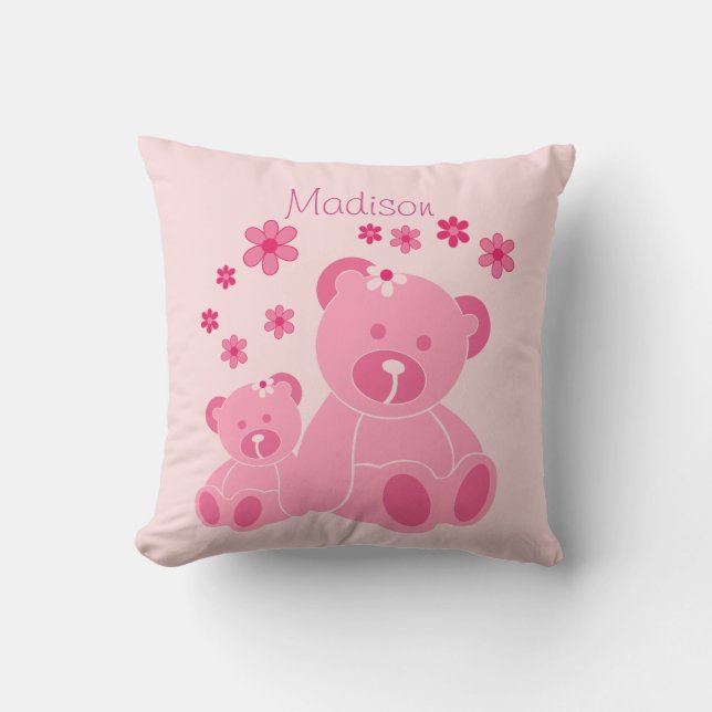 Coussin Nounours et fleurs roses mignons Personnalisé (Recto)