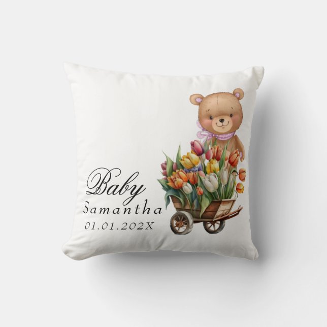 Coussin Nounours Ours en Rose Floral Rustique (Recto)