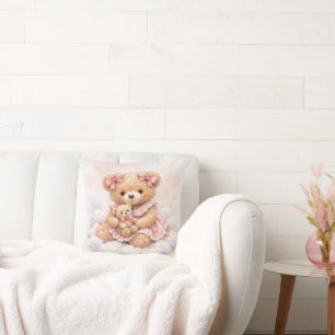 Coussin Nounours ourson avec des rubans roses