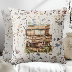 Coussin Nouveau chapitre aquarelle, Pile de livres fleurs
