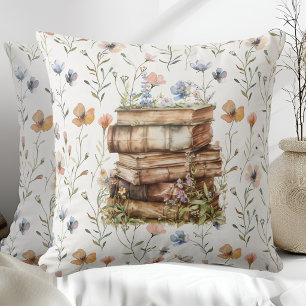 Coussin Nouveau chapitre aquarelle, Pile de livres fleurs