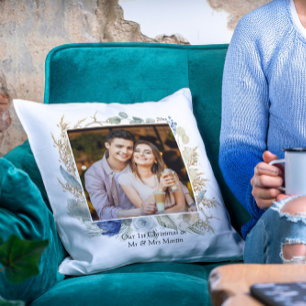 Coussin Nouveau marié 1er Noël Mr & Mrs Chic Floral Photo
