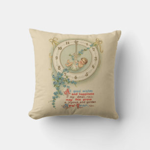 Coussin Nouvel An vintage Horloge Bébé