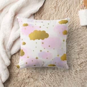 Coussin Nuages aquarelles roses ciel étoiles dorées