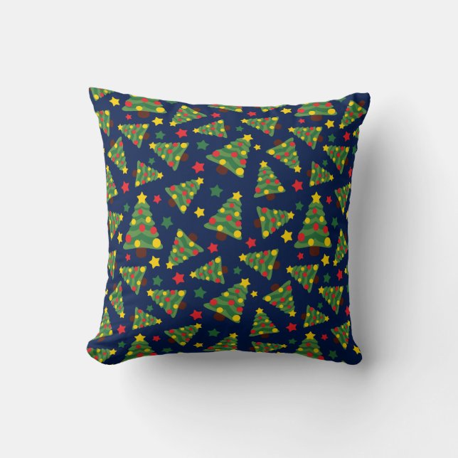 Coussin Nuit magique Arbres de Noël et étoiles Bleu foncé (Recto)