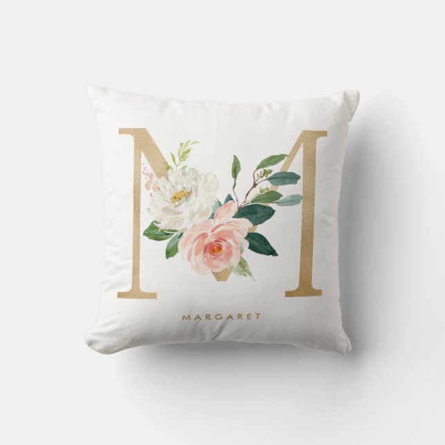 Coussin Nurserie de monogramme de lettre florale de feuill (Recto)