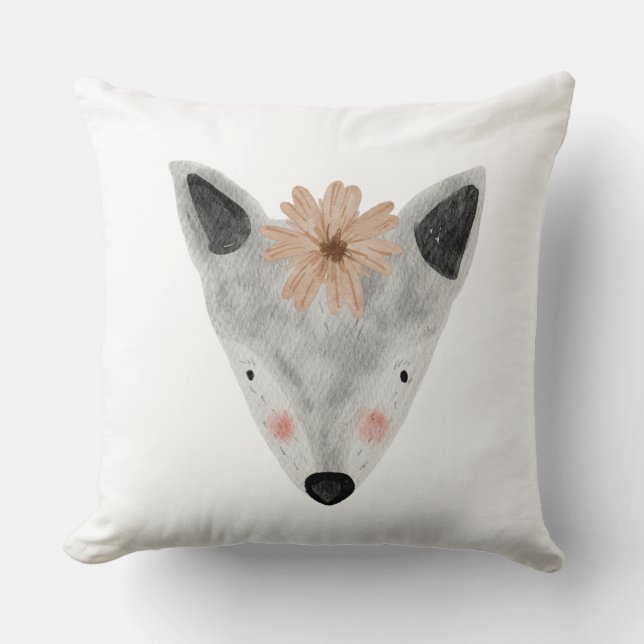 Coussin Nurserie fille bébé animal aquarelle blanc gris (Recto)