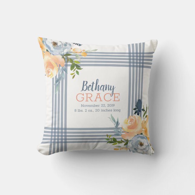 Coussin Nurserie Fille Bleu Jaune Floral Aquarelle (Recto)