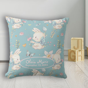 Coussin Nurserie personnalisée bébé lapin et fleur 