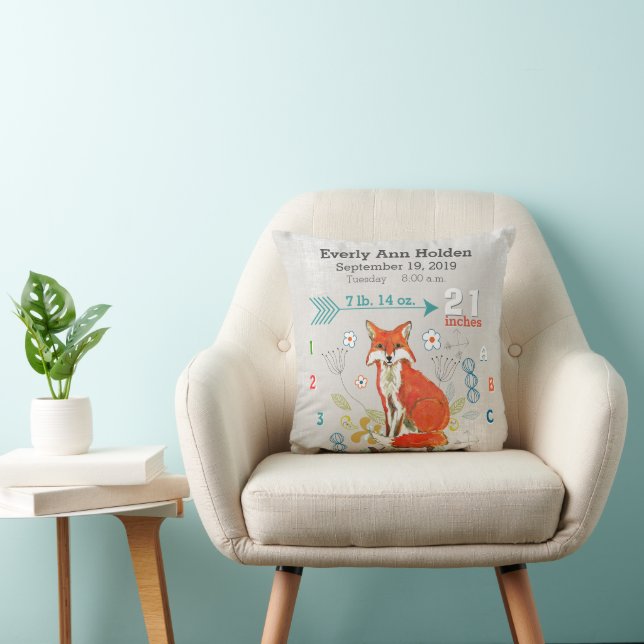 Coussin Nursery Baby Birth Stats Fox Warm Grey (Chaise)