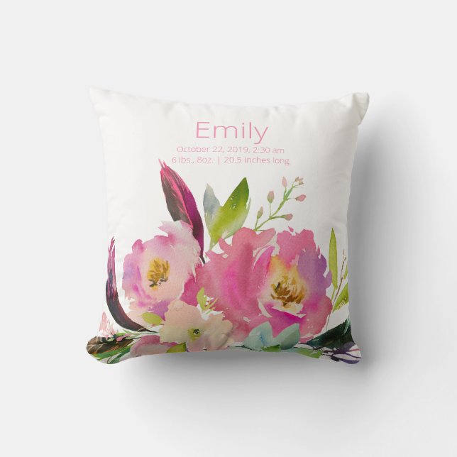 Coussin Nursery de Statistiques pour Bébé Fille Fleur Rose (Recto)