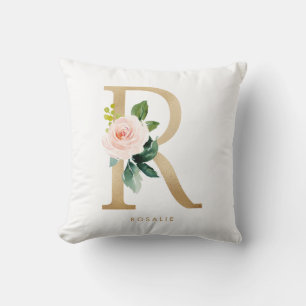 Coussin Nursery Monogramme Lettre R Fleurie Feuille Dorée 