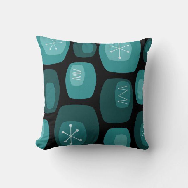 Coussin Oblongs modernes du milieu du siècle Noir Turquois (Recto)
