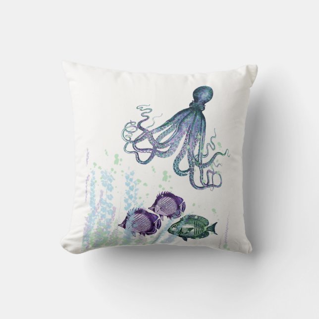 Coussin Océan Octopus Indigo Blue Mauve Green Sous-marin (Recto)