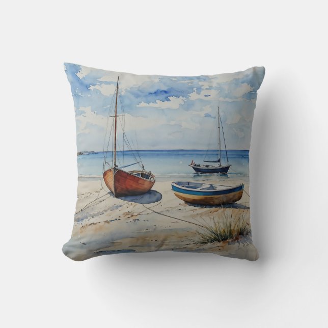Coussin "Ocean Retreat". Un Paysage Coloré De Bateau Seren (Recto)
