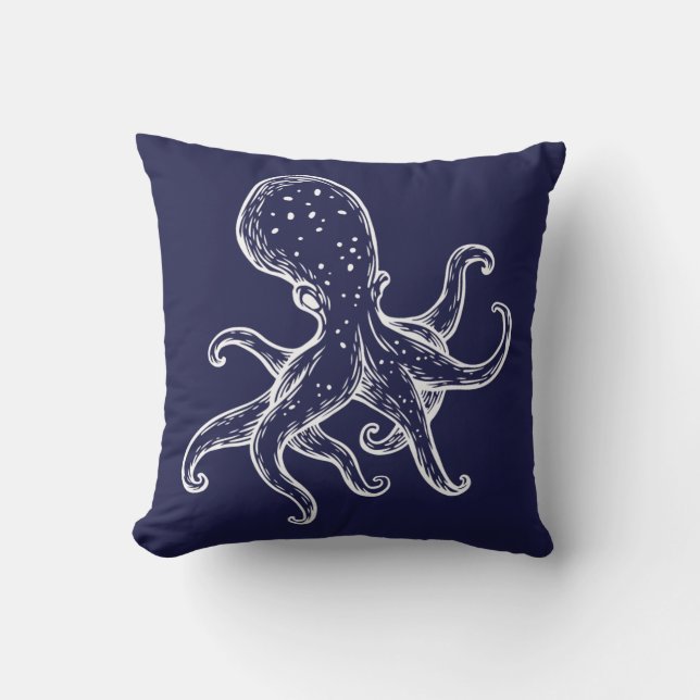 Coussin Octopus blanc sur marine bleu marine marine (Recto)