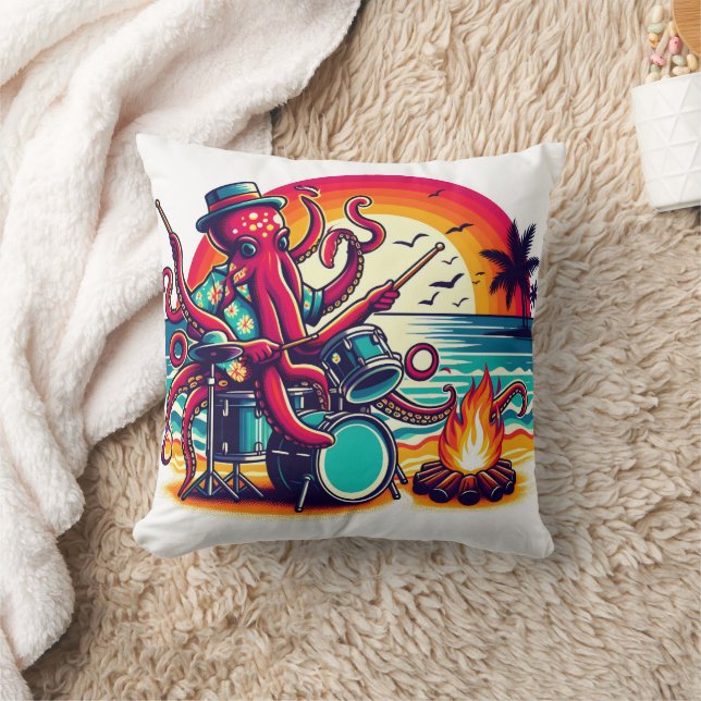 Coussin Octopus jouer de la batterie à Sunset Beach Party (Couverture)