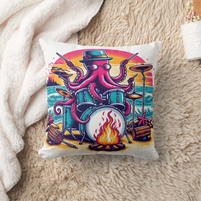 Coussin Octopus Jouer de la batterie sur la plage au couch (Couverture)