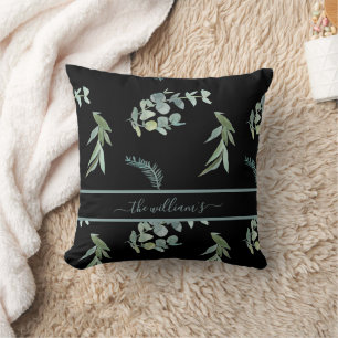 Coussin Oeucalyptus botanique motif vert noir