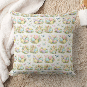 Coussin Œufs de Pâques et Lapins au pastel Fleurs et Papil