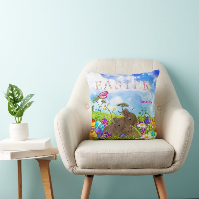 Coussin OEufs de Pâques Printemps Fêtes Famille Bunny (Chaise)