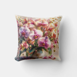 Coussin Œuvre d'art florale à l'aquarelle d'orchidée