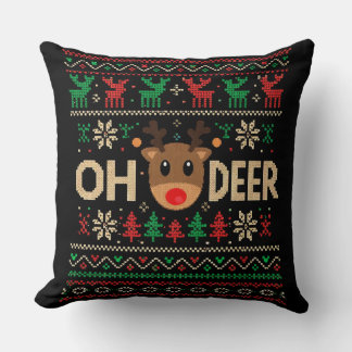 Coussin Oh Deer Ugly Christmas Sweater Throw Pillow