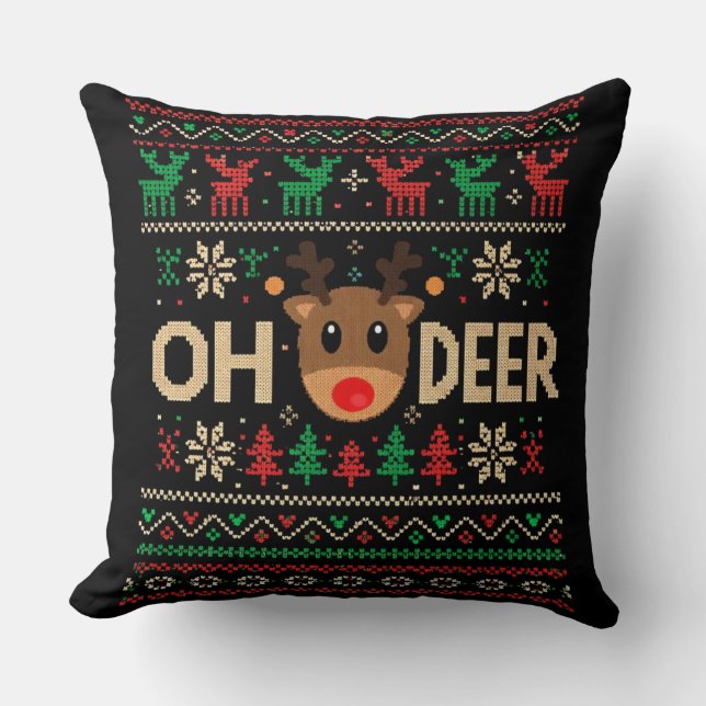 Coussin Oh Deer Ugly Christmas Sweater Throw Pillow (Recto)