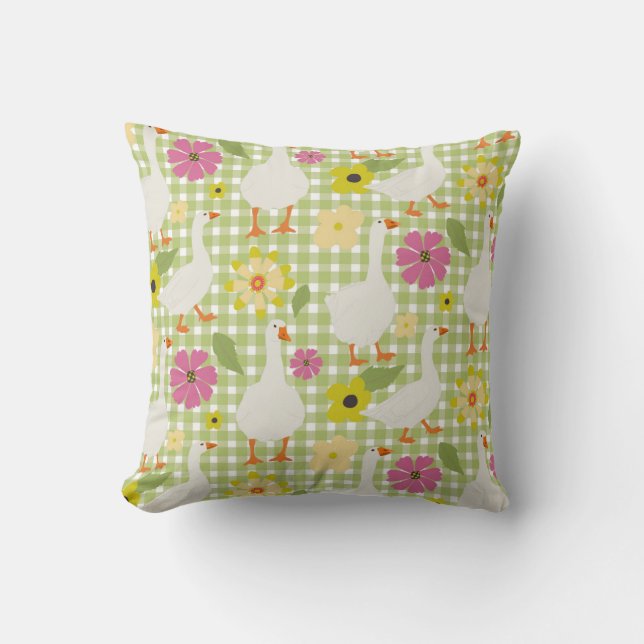 Coussin Oies mignonnes Aux Fleurs Dessinées À La Main - Gr (Recto)