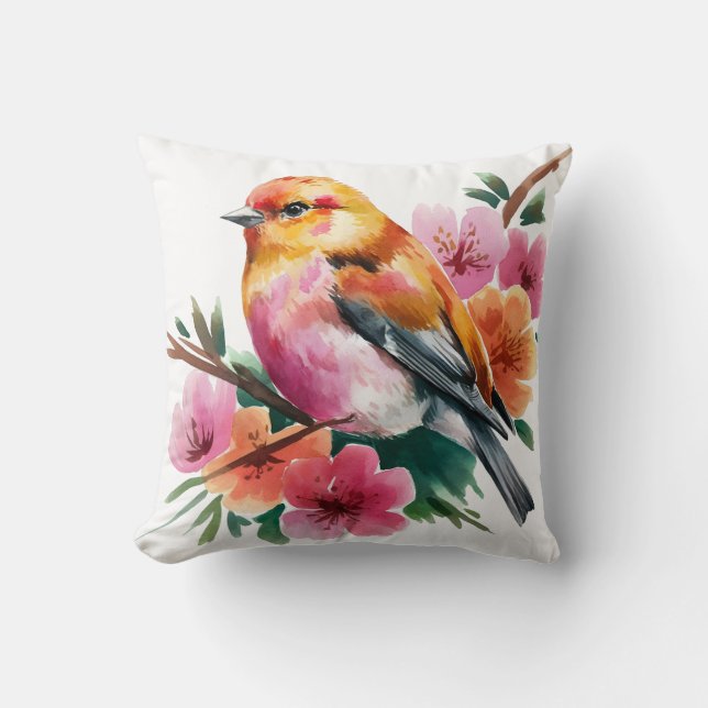 Coussin Oiseau à Fleur Rose (Recto)