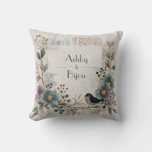 Coussin Oiseau aquarelle enchanteur et floral bohème
