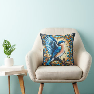 Coussin Oiseau bleu vif perché sur du verre tendu