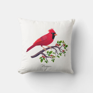Coussin Oiseau cardinal rouge sur branche d'arbre