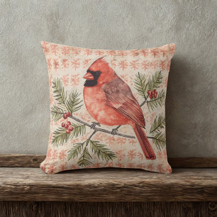 Coussin Oiseau cardinal vintage avec branche de pin