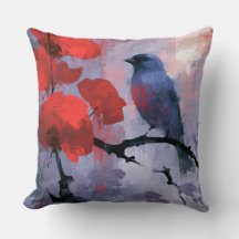 Oiseau chanteur bleu avec fleurs rouges cerise
