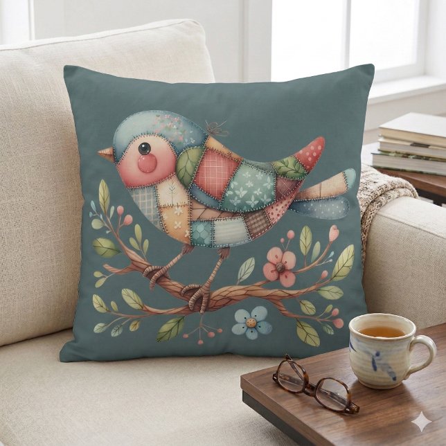 Coussin Oiseau chanteur patchwork sur branche fleurie (Patchwork Songbird on Blooming Branch Throw PilloW Mockup A)