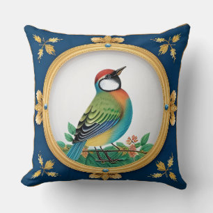 Coussin Oiseau coloré dans un cadre doré orné