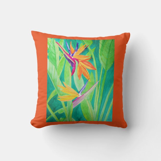 Coussin Oiseau d'aquarelle des fleurs de paradis (Recto)