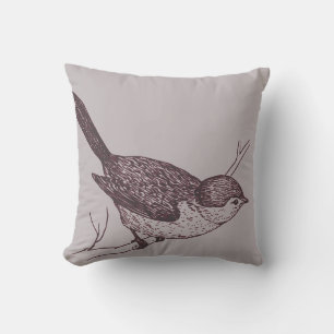 Coussin Oiseau de Bushtit, gris et bordeaux
