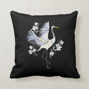 Coussin Oiseau de grue blanche et grise brodé Floral Noir