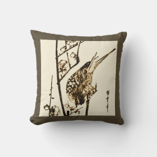Coussin Oiseau japonais sur une branche - Brown et beige