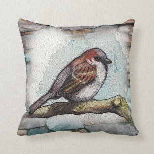Coussin Oiseau, moineau : Peinture d'aquarelle : Roches,