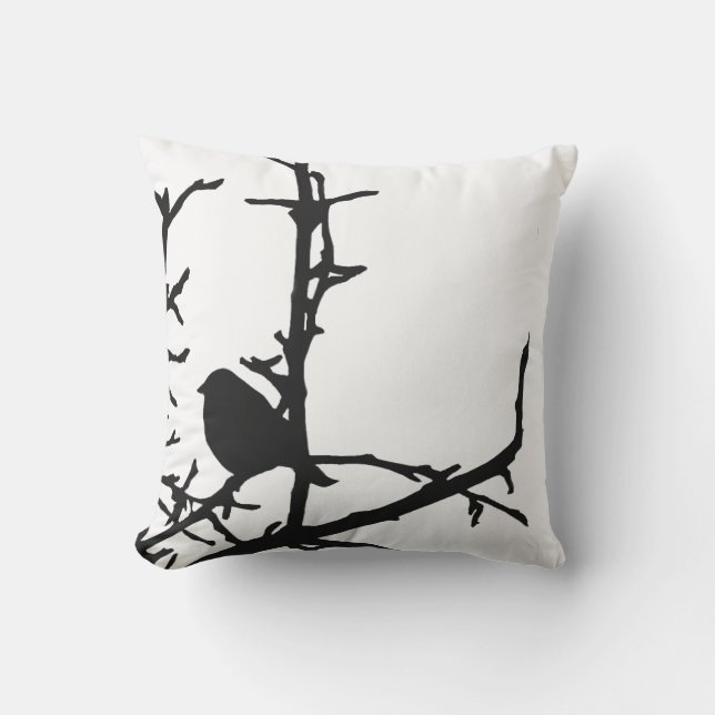 Coussin Oiseau noir et blanc sur la branche d'arbre Coussi (Recto)