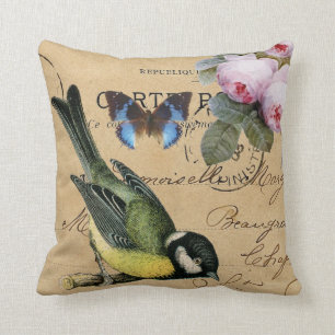 Coussin Oiseau, papillon bleu roses shabby chic
