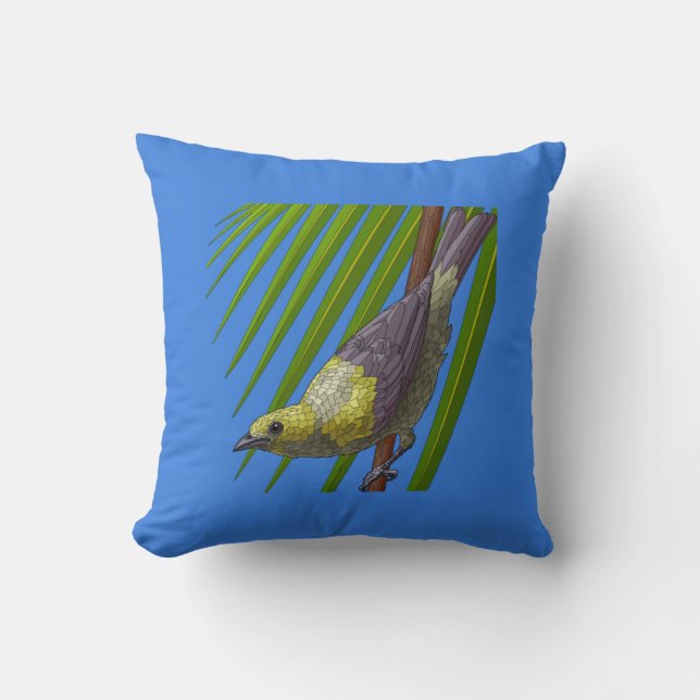 Coussin Oiseau peint sur vert et bleu (Recto)