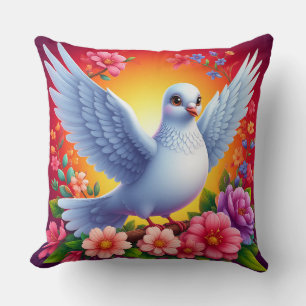 Coussin Oiseau perché parmi des fleurs colorées