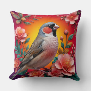 Coussin Oiseau perché parmi des fleurs colorées
