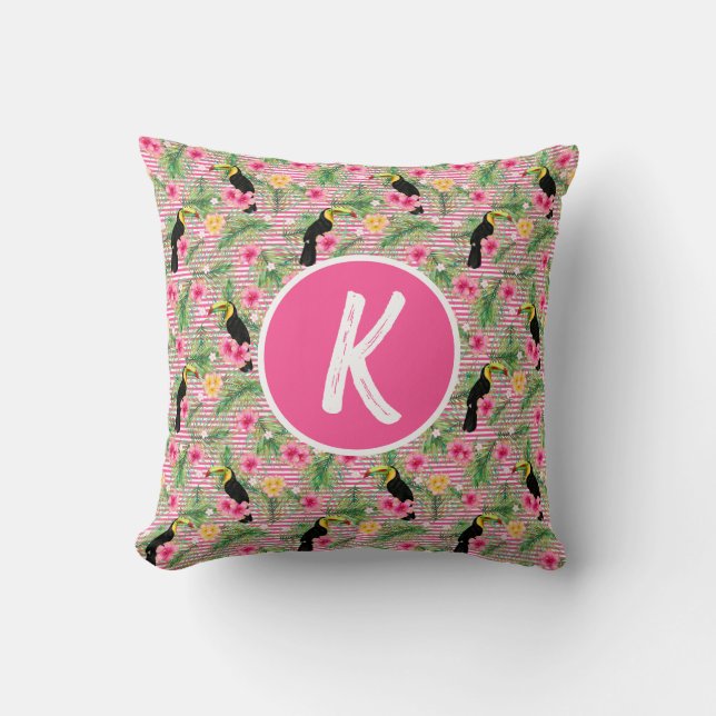 Coussin Oiseau rose floral tropical Monogramme Oiseau à la (Recto)