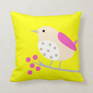 Coussin Oiseau sur la branche et les fleurs - jaune