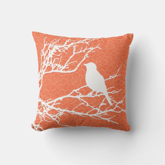 Coussin Oiseau sur une branche, blanche contre l'orange de (Recto)